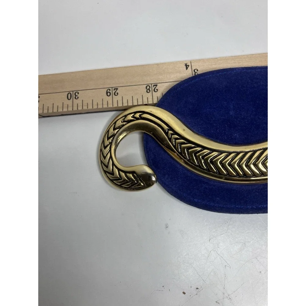 VTG Suede Leather Belt Blue Ornate Etched Gold Tone Interlocking Hook Buckle